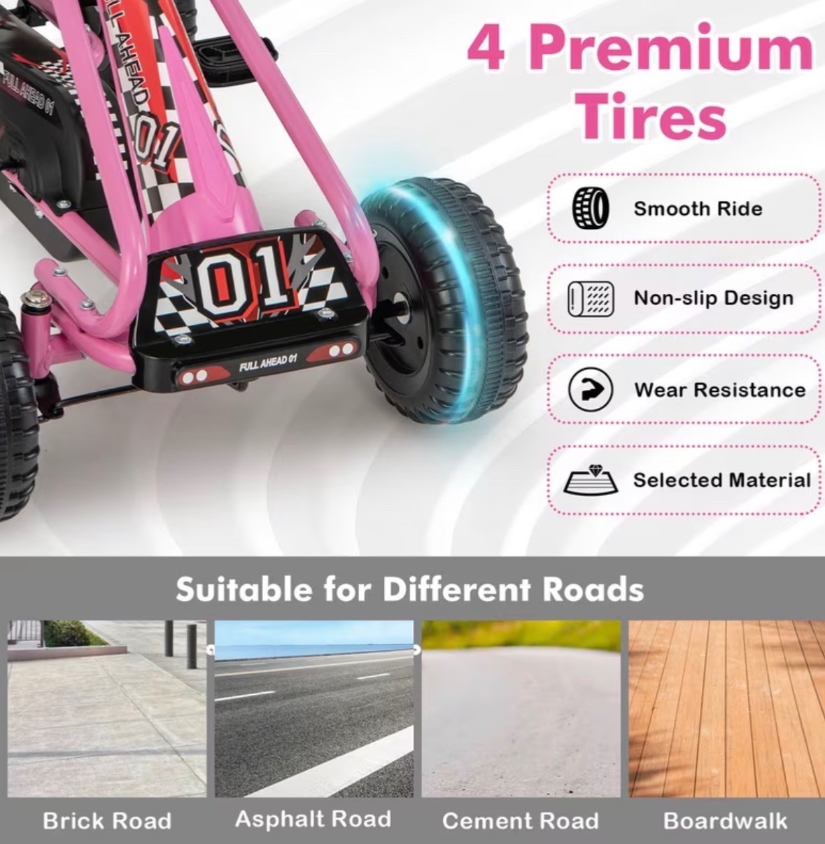 Pedal Go Kart, 4-Wheel Pedal Powered Ride On with Adjustable Seat, Handbrake
