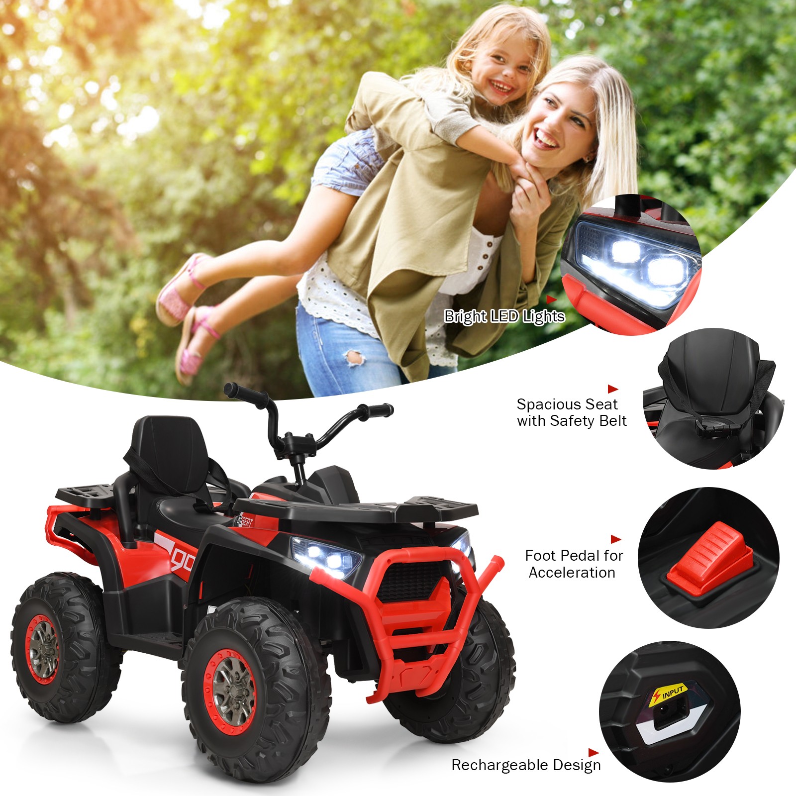 12V Kids Electric 4-Wheeler ATV Quad 2 Speeds Ride On Car w/MP3&LED Lights Red