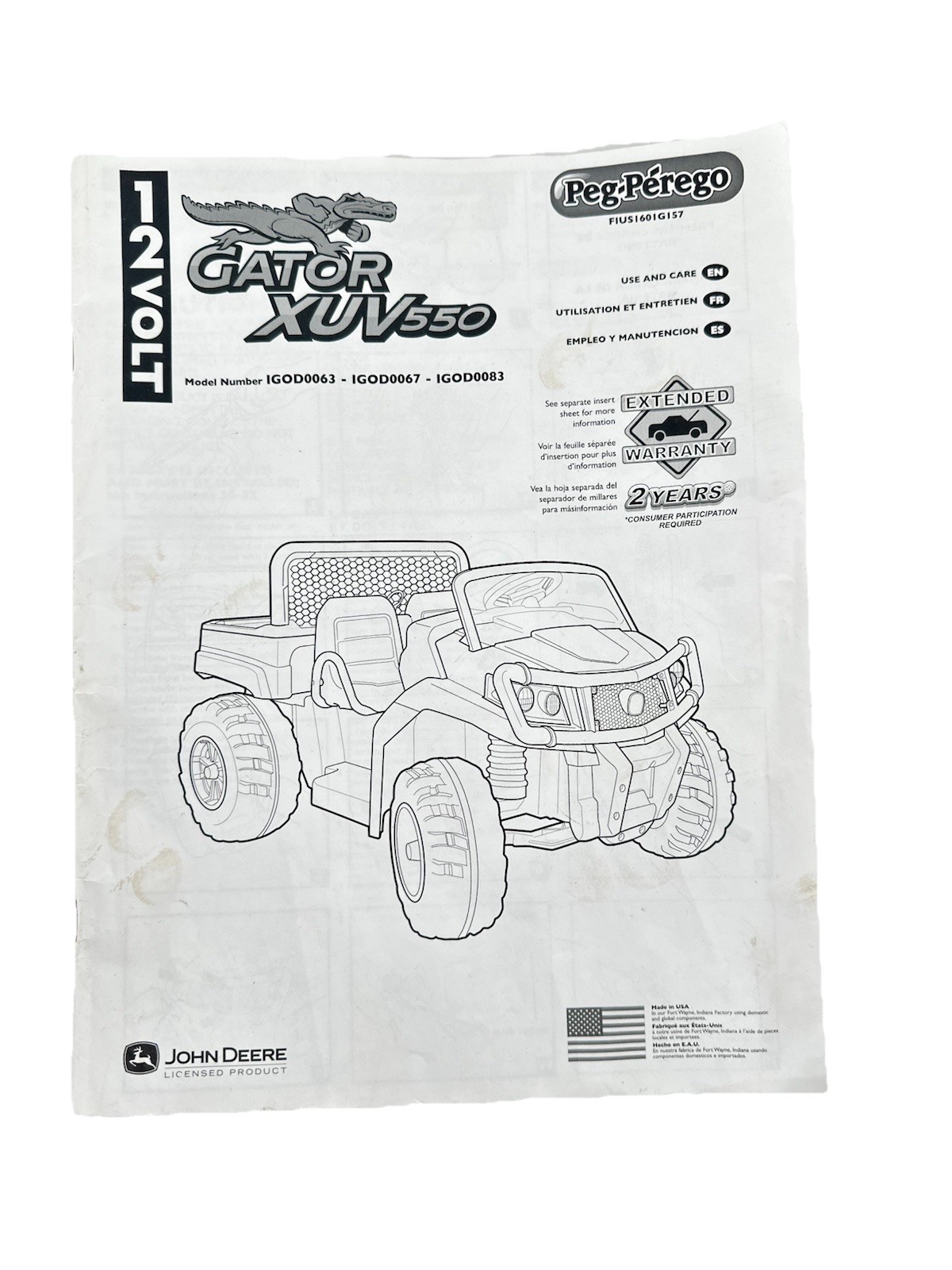Peg Perego John Deere Gator XUV 550 Manual Toy Kids Ride-On