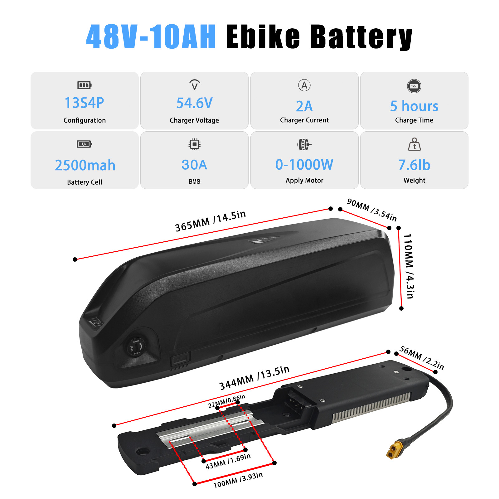 48V Electric Lithium Battery 48 Volt 10Ah 16Ah 20Ah Battery for 0-1500W Motor