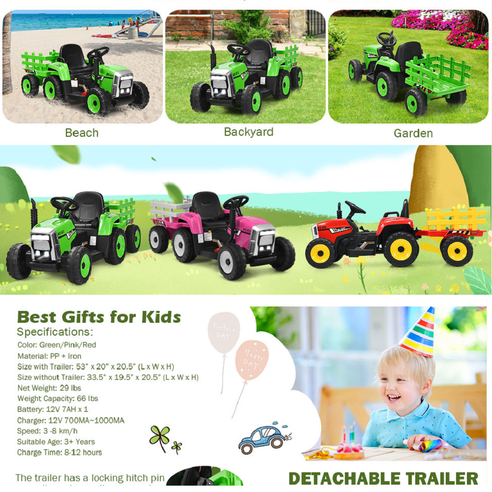 12V Kids Battery Powered Electric Tractor w Trailer Toddler Ride On Car w Remote