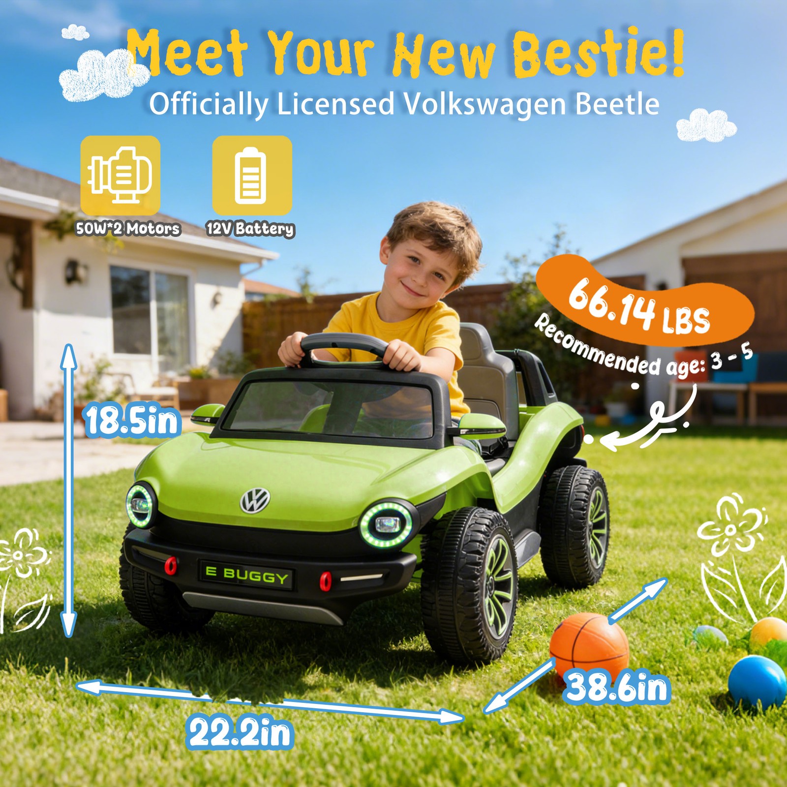 12V Licensed Volkswagen Beetle Kids Ride On Electric Car Speeds 1.5-2.5MPH Green