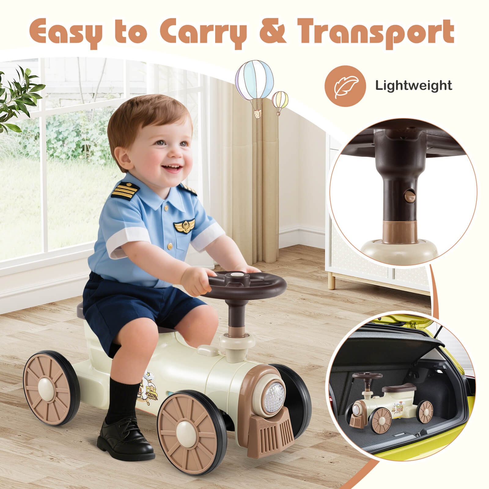 Ride on Push Car w/ Storage Compartment & Train Whistle Sound Button