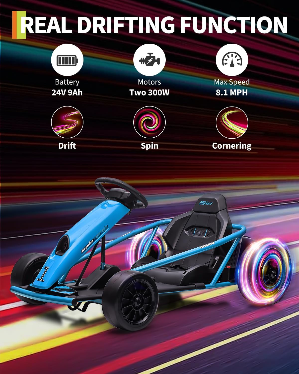24V 9Ah Kids Ride on Go Kart Toy, High Speed 8.1MPH Drifting Car with Powerful M