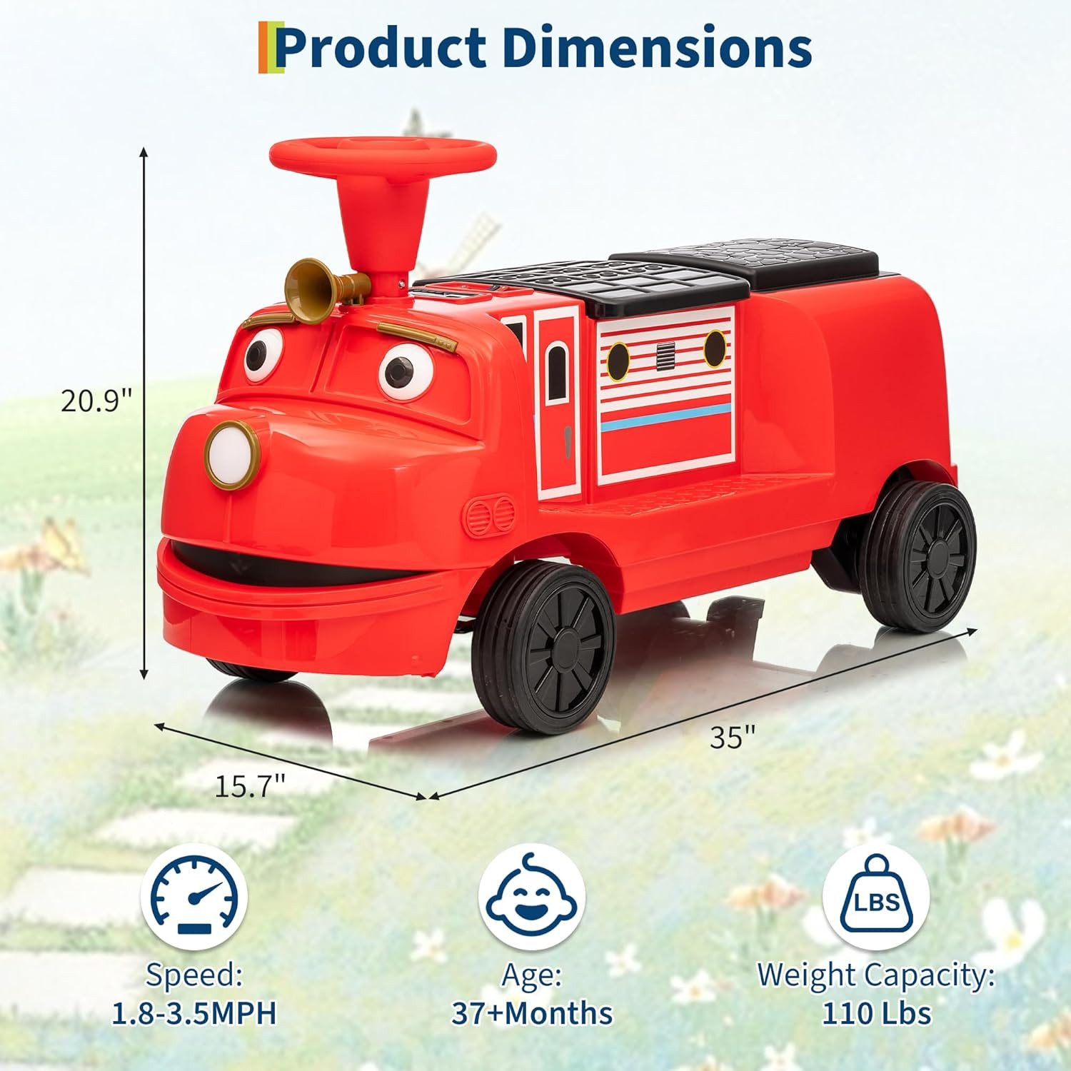 Electric 12V 2-Seater Kids Blue/Red Ride On Train w/2-Speed,Music,Lights,Storage