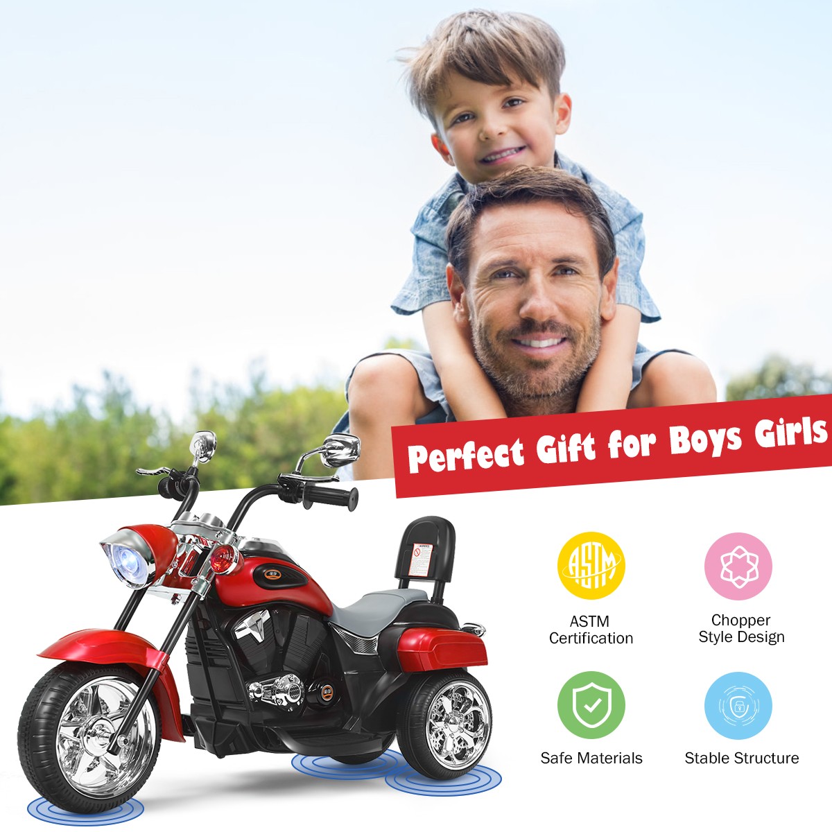 Honeyjoy 6V Kids Ride On Chopper Motorcycle 3Wheel Trike w/ Headlight & Horn Red