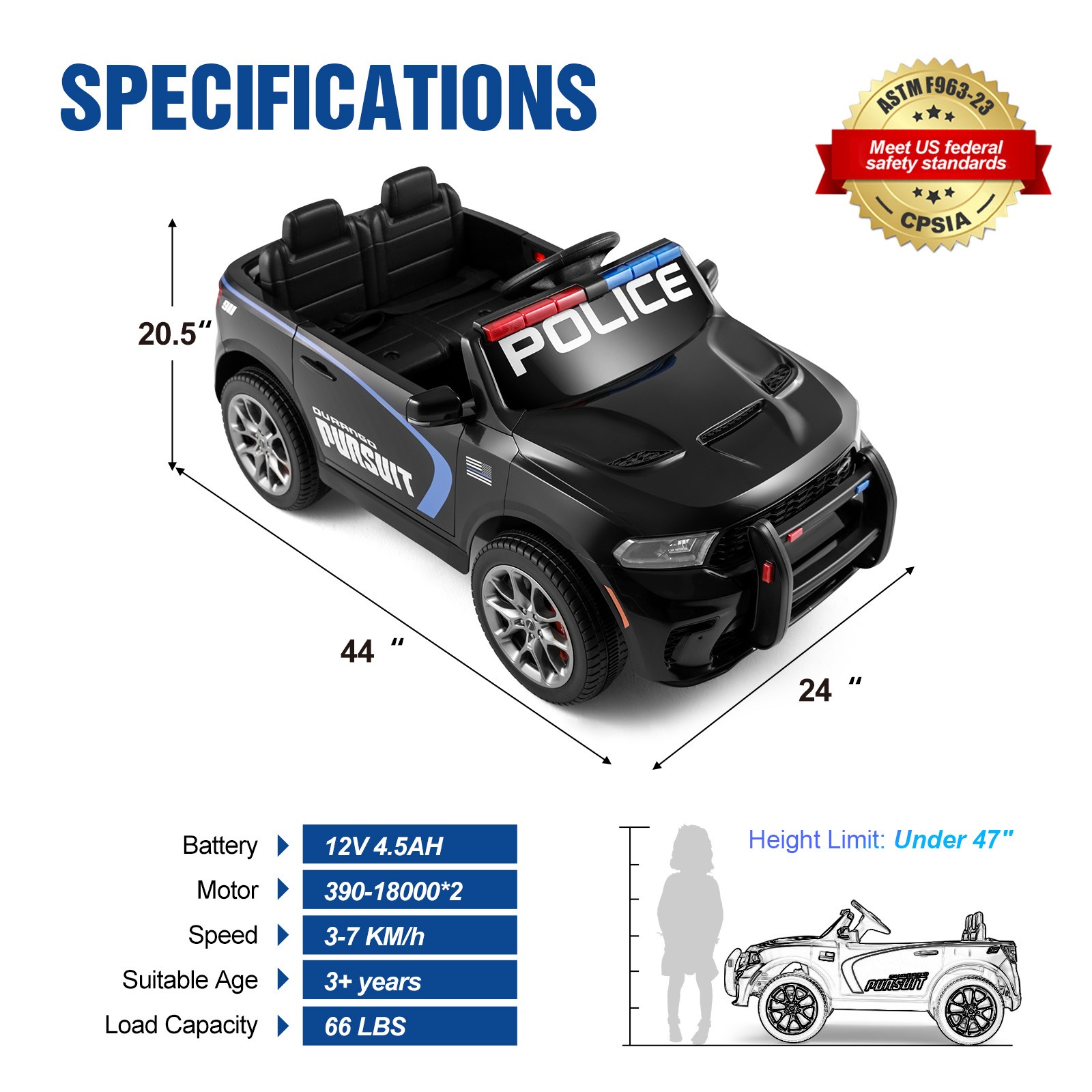 12V Battery Kids Ride On Police Car Dodge Durango SUV Music,LED,Bluetooth,Remote