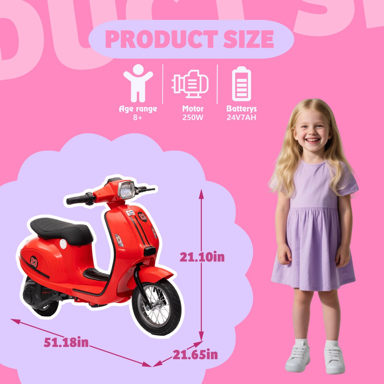 Kids 24V Retro Euro-Style Battery-Powered Electric Scooter, Ages 8+, Slow Start