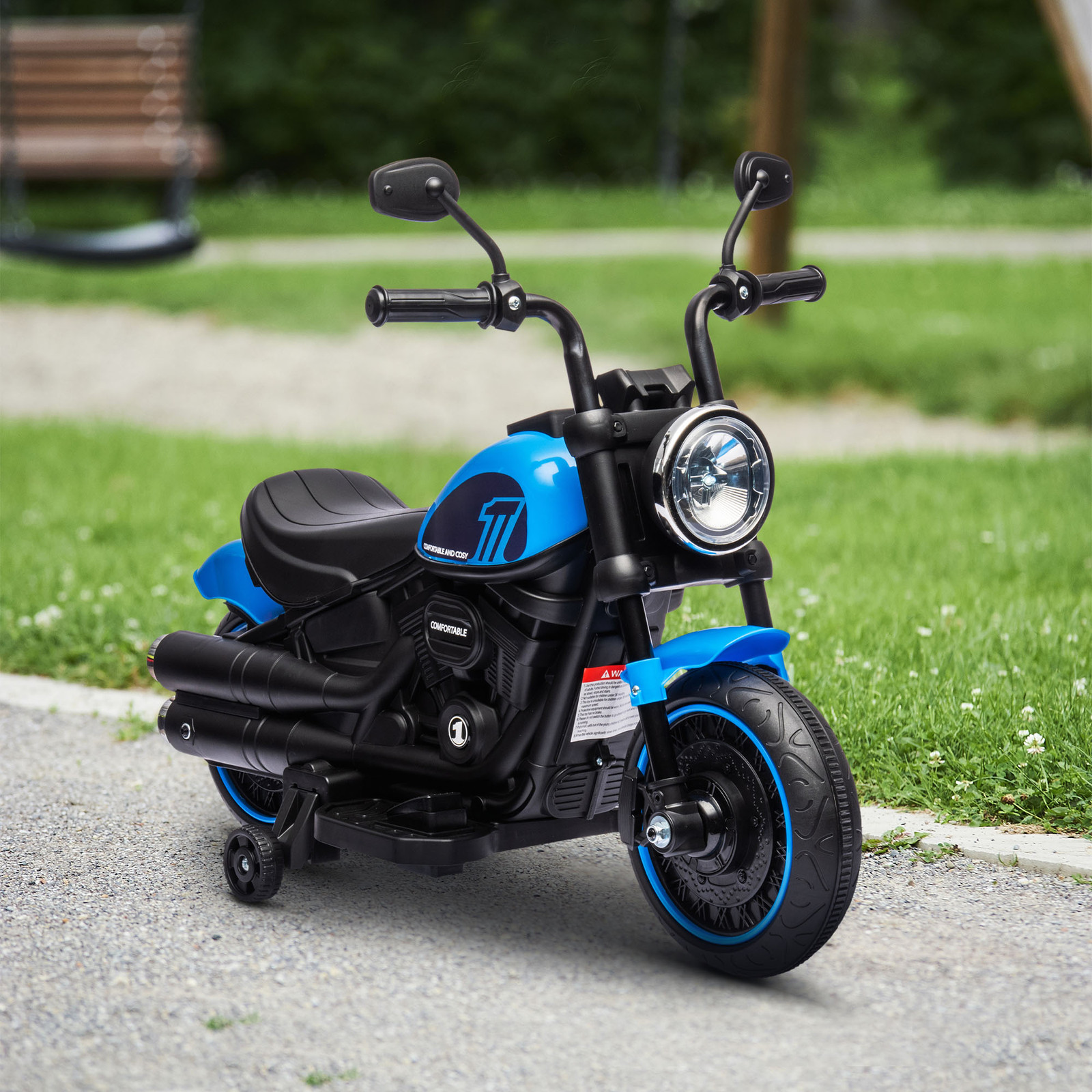 6V Kids Motorcycle w/ Training Wheels, Single-Button Start, Blue