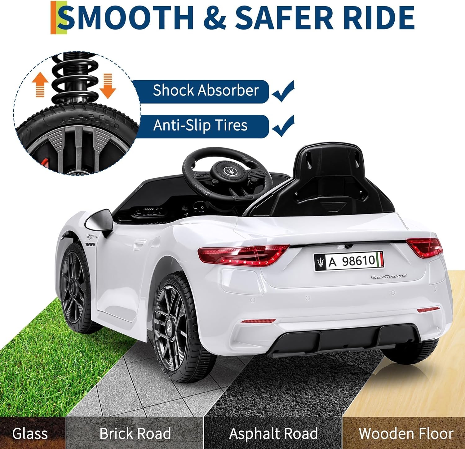 12V Kids Electric Ride-On Car with Remote Control, Safety Belts, Shock Absorbers