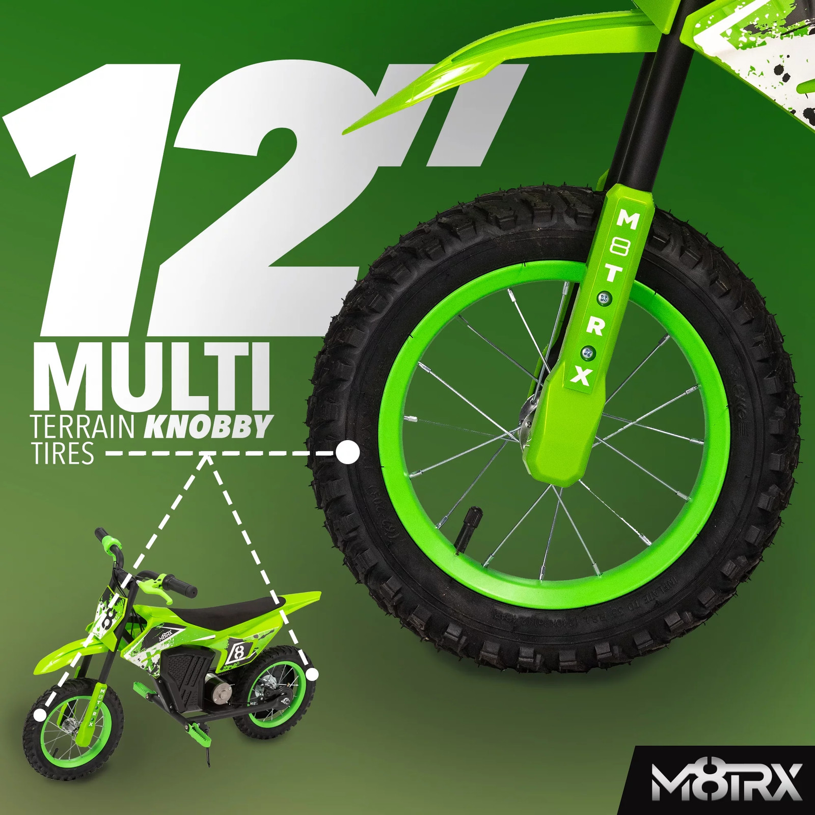 Green 12V Mini Electric Child Dirt Bike, Battery Powered Toy Motorcycle, Kids Ri