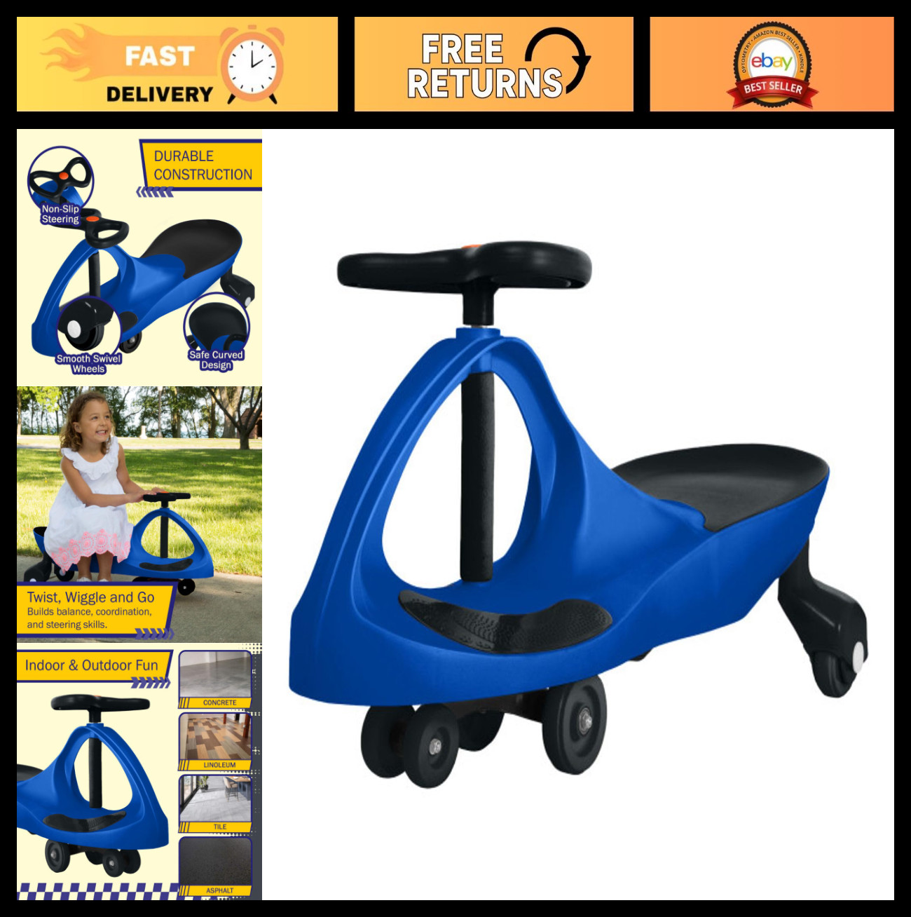 Wiggle Car Ride-On Toy for Kids 3+ – No Batteries, Gears, or Pedals – Fun Blue &