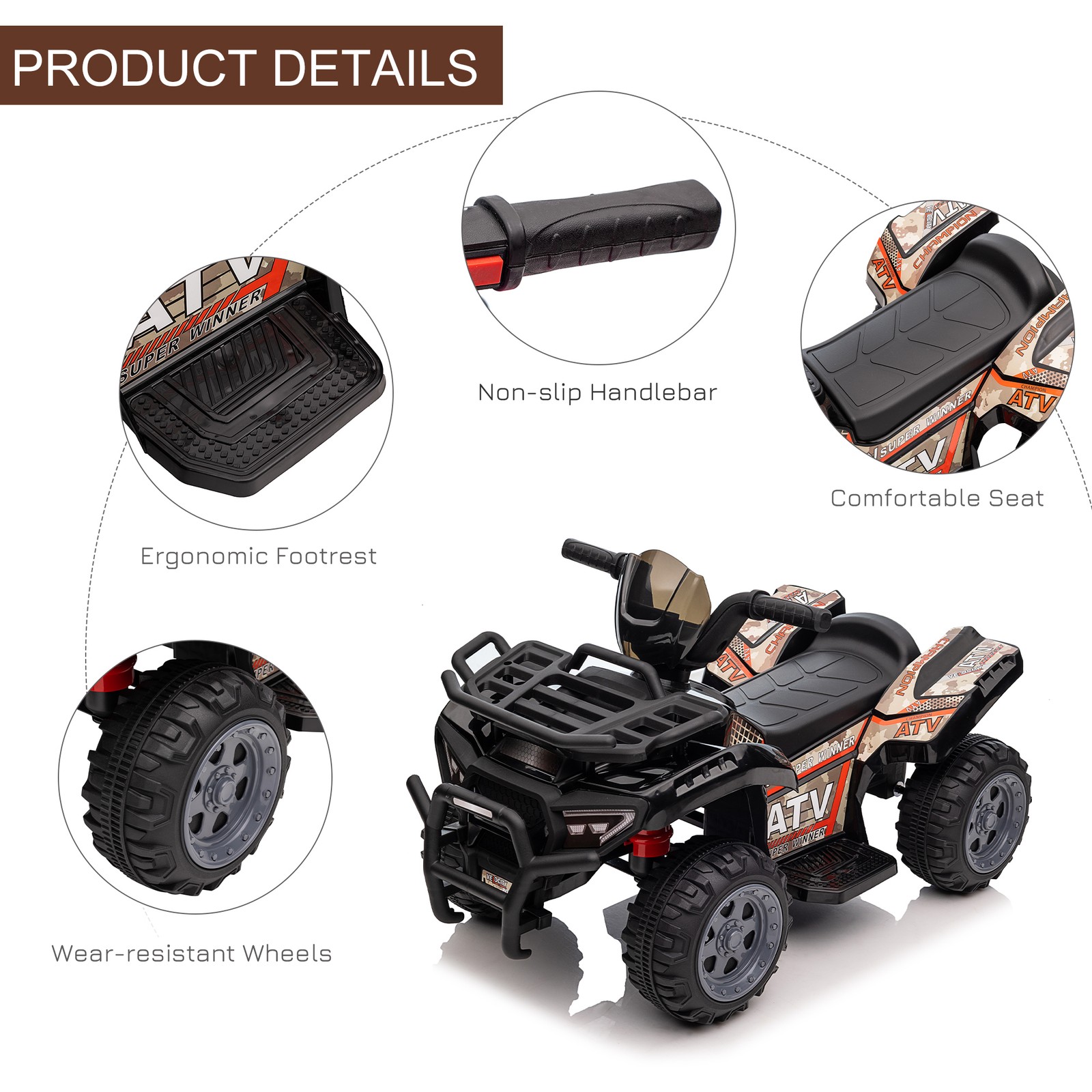 Kids Ride-on Electric Four Wheeler ATV, Quad with Music, Black