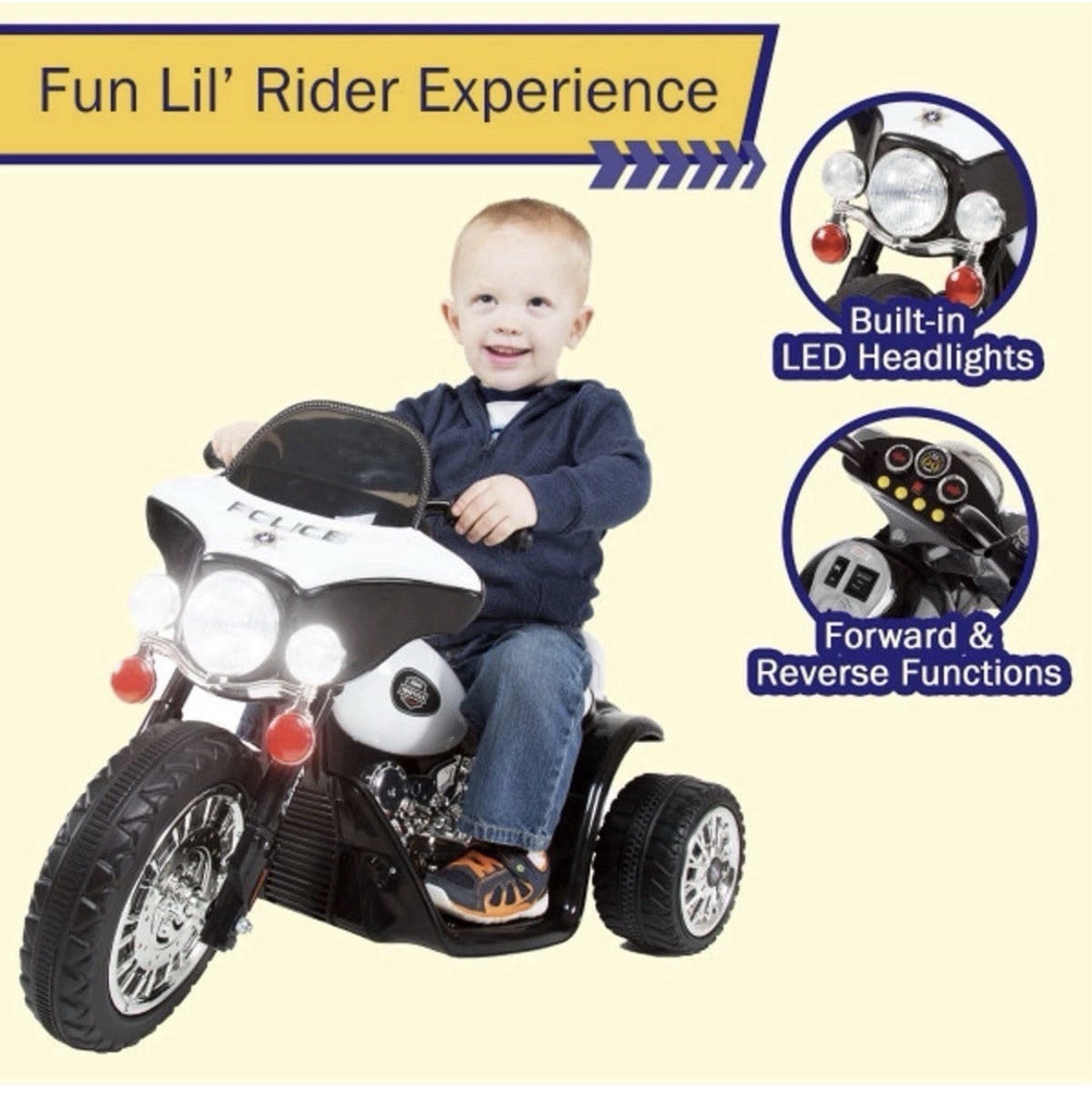 Kids Motorcycle – 3-Wheel Ride Police Decals &Headlights – 6V Electric (Black)