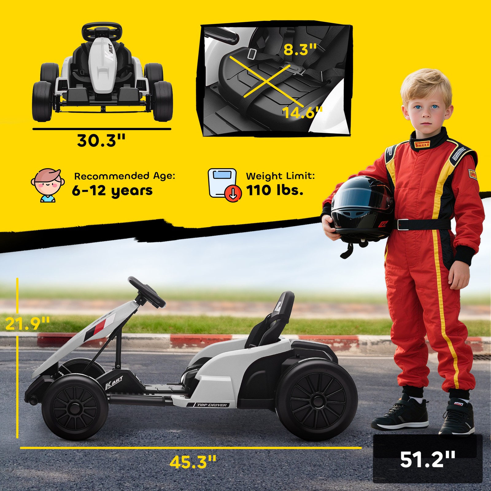 24V Electric Go Kart, Kids Drift Kart with Dual 150W Motors, White
