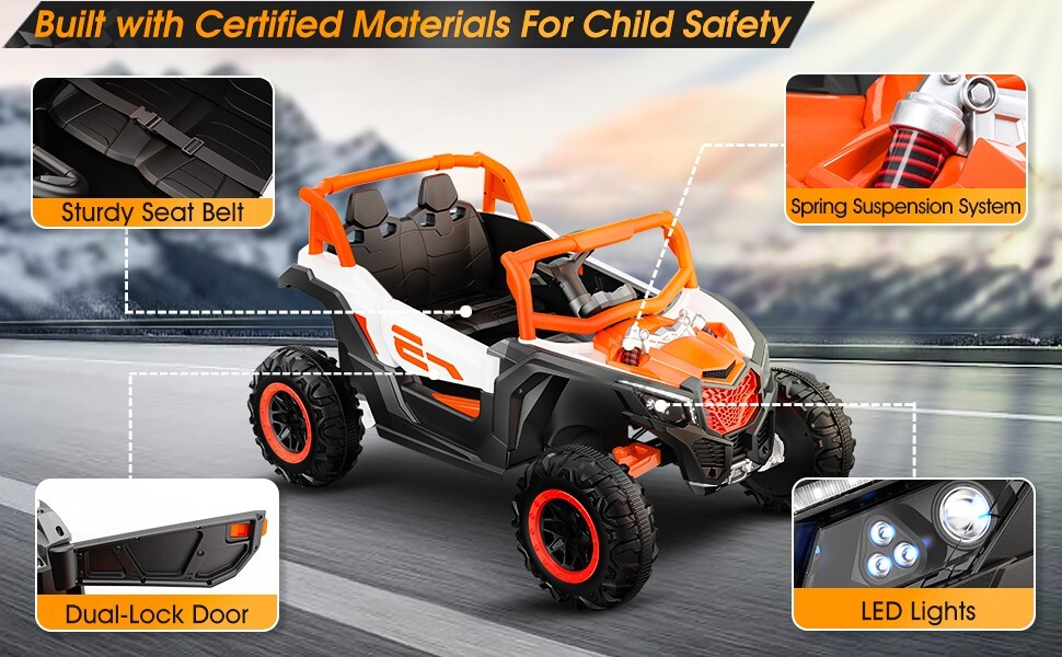 24V children’s ride with remote control, 2-seater toy UTV, Bluetooth, LED lights