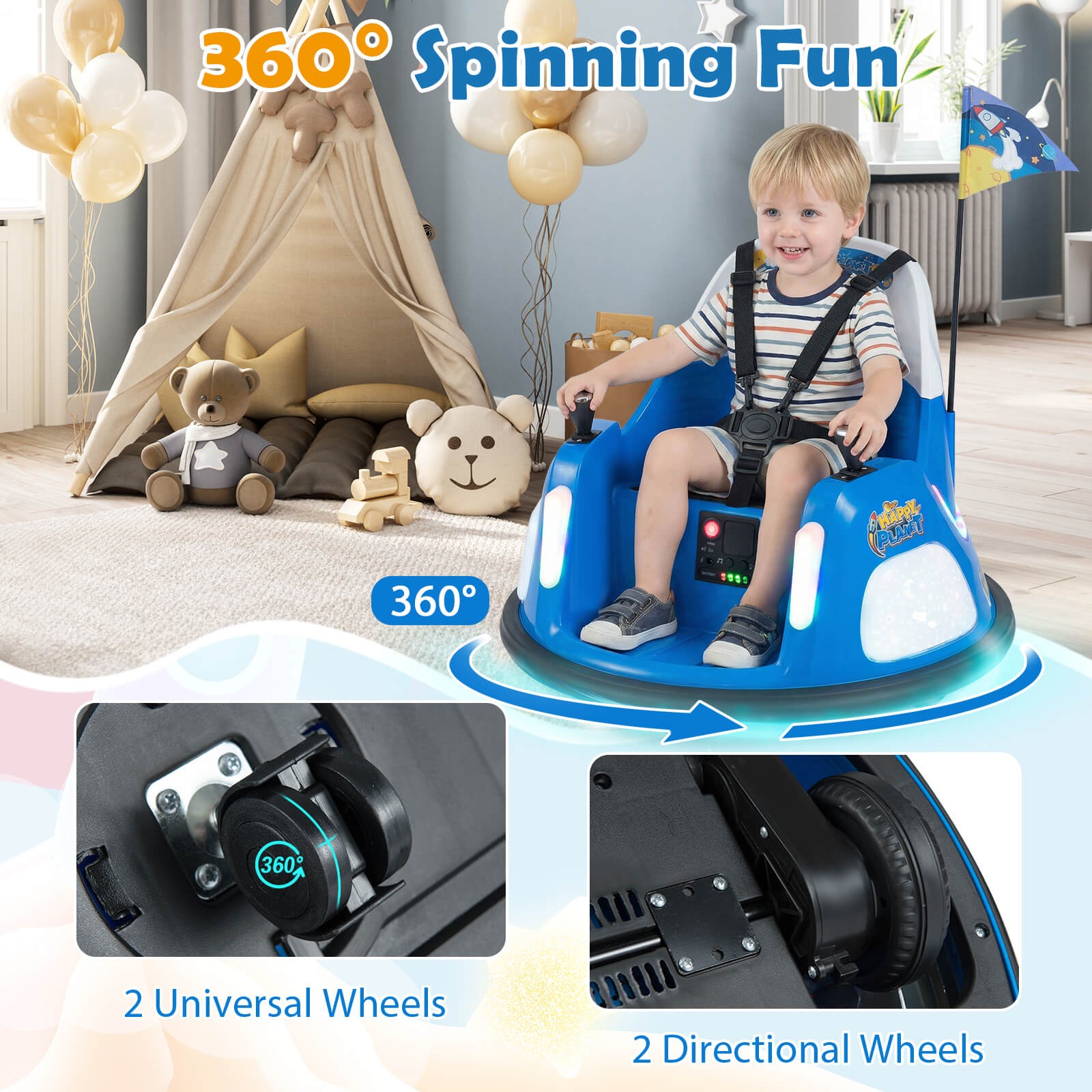 12V Kids Bumper Car360° Spin & Remote.Battery-Poweredfor 1.5-6 ages.Navy