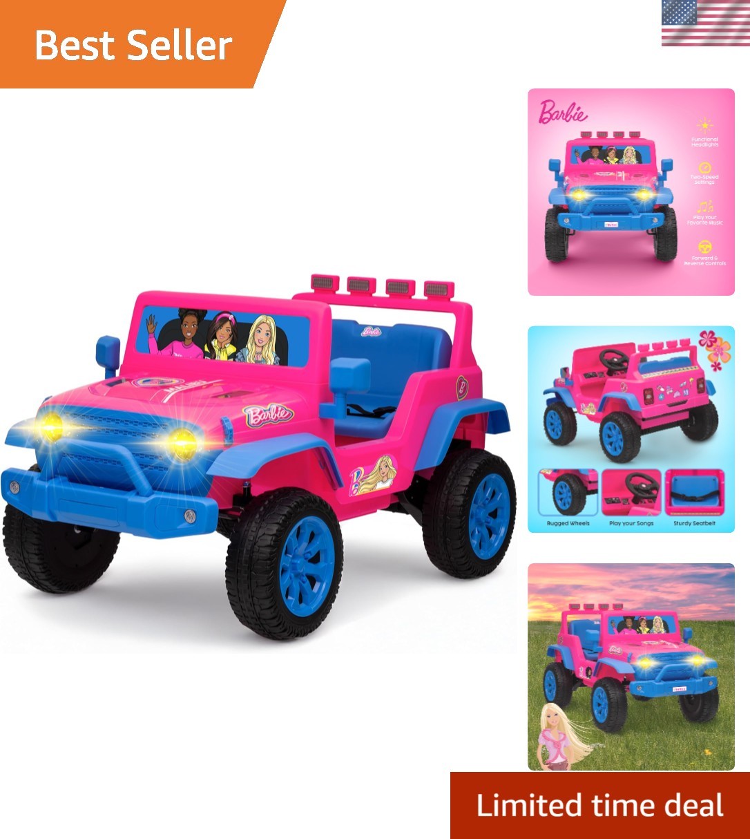 Barbie – 12V Kids Ride-On Jeep with Rechargeable Battery, LED Headlights, Pre…