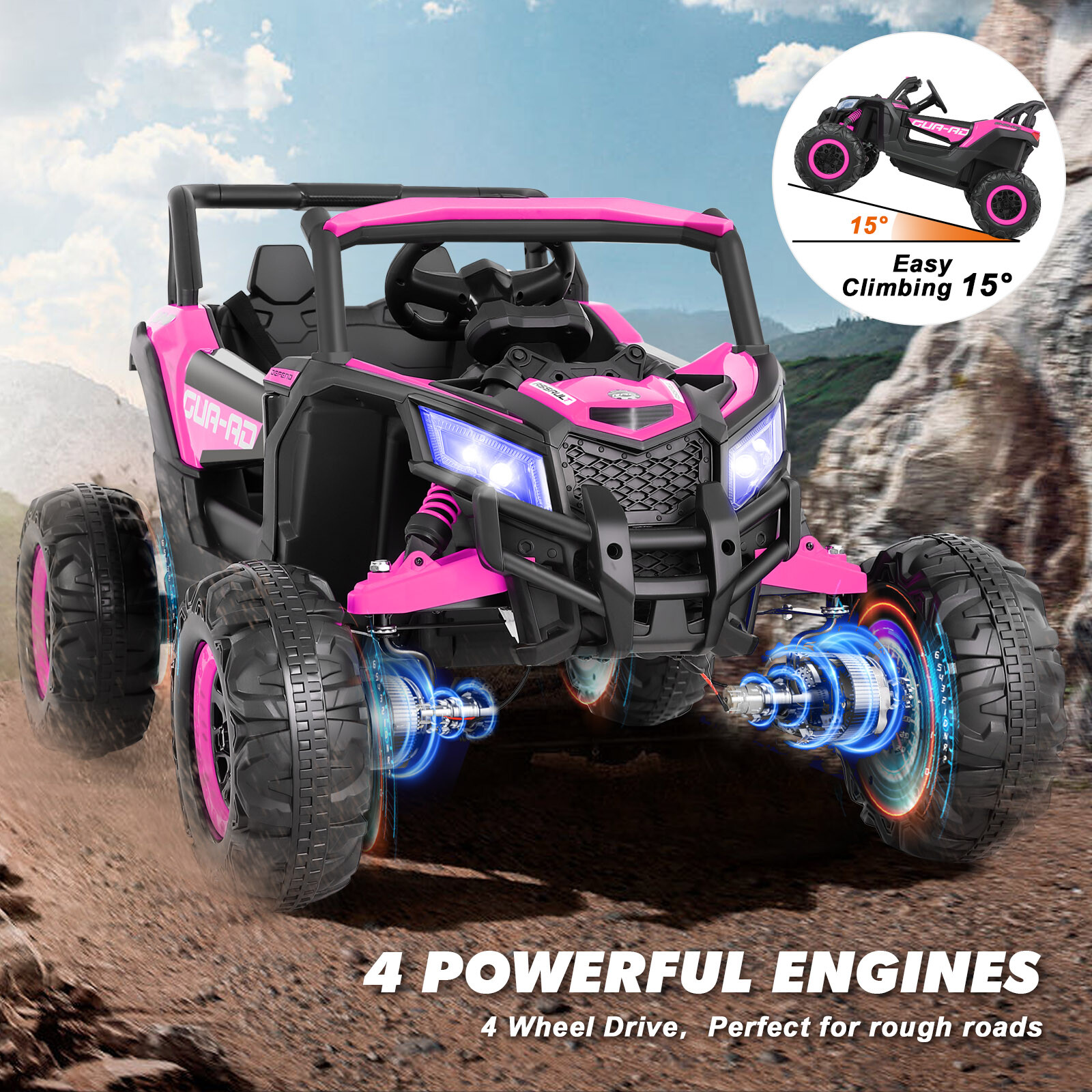 12V Kids Pink Ride On UTV Vehicle Electric Off-Road Car with Music, RC, LED