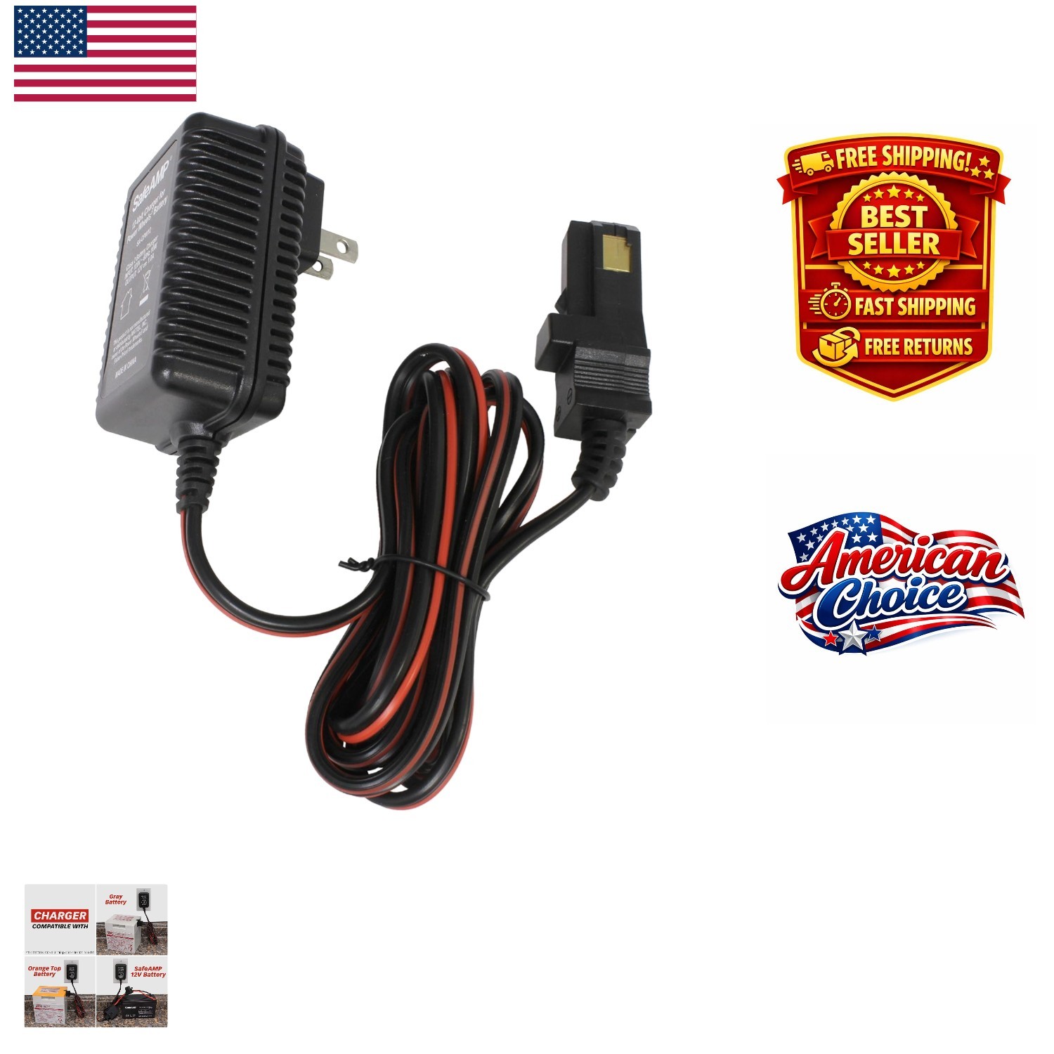 Listed 12V Charger for Power Wheels Gray & Orange Top Batteries – 1A Plug