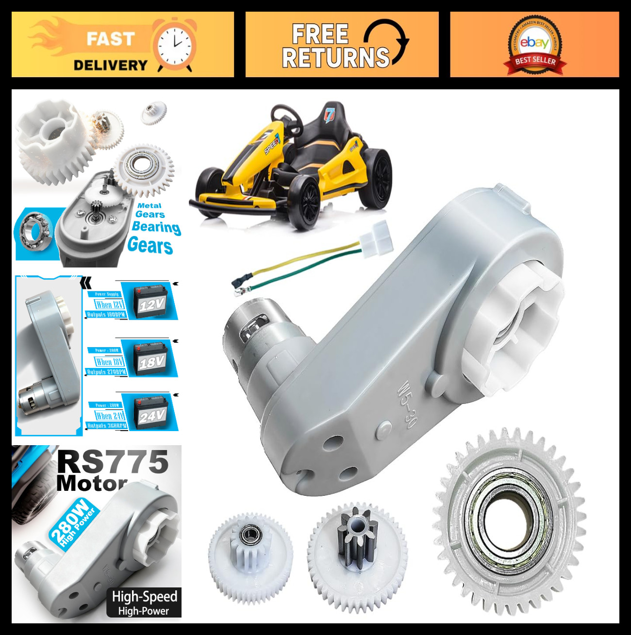 High-Speed 24V RS775 Motor Gearbox for Power Wheels Upgrade – 18V-24V High Torqu