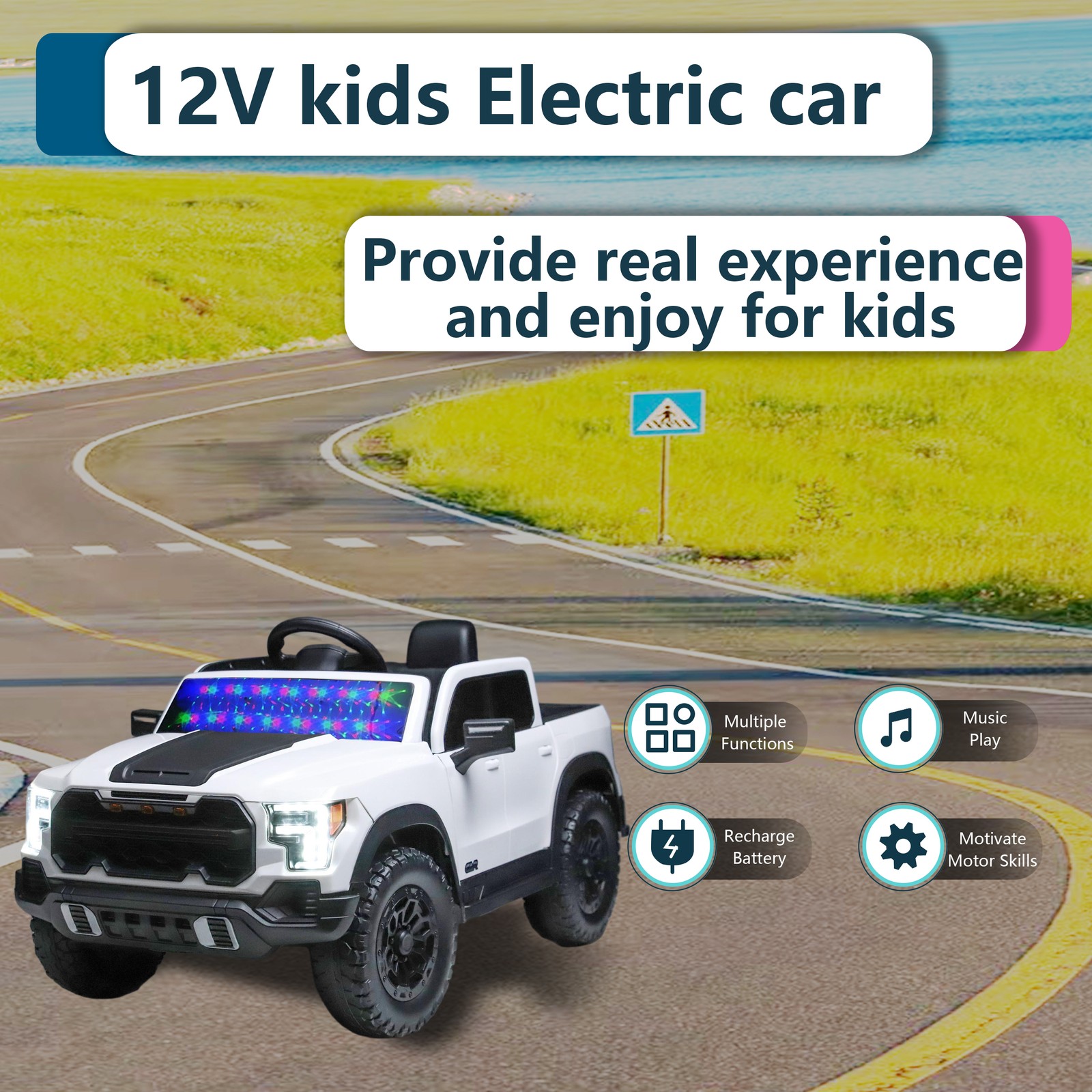 12V Kids Ride-On Car Remote Control, 4-Wheel Shock Absorption 3-6 Years White
