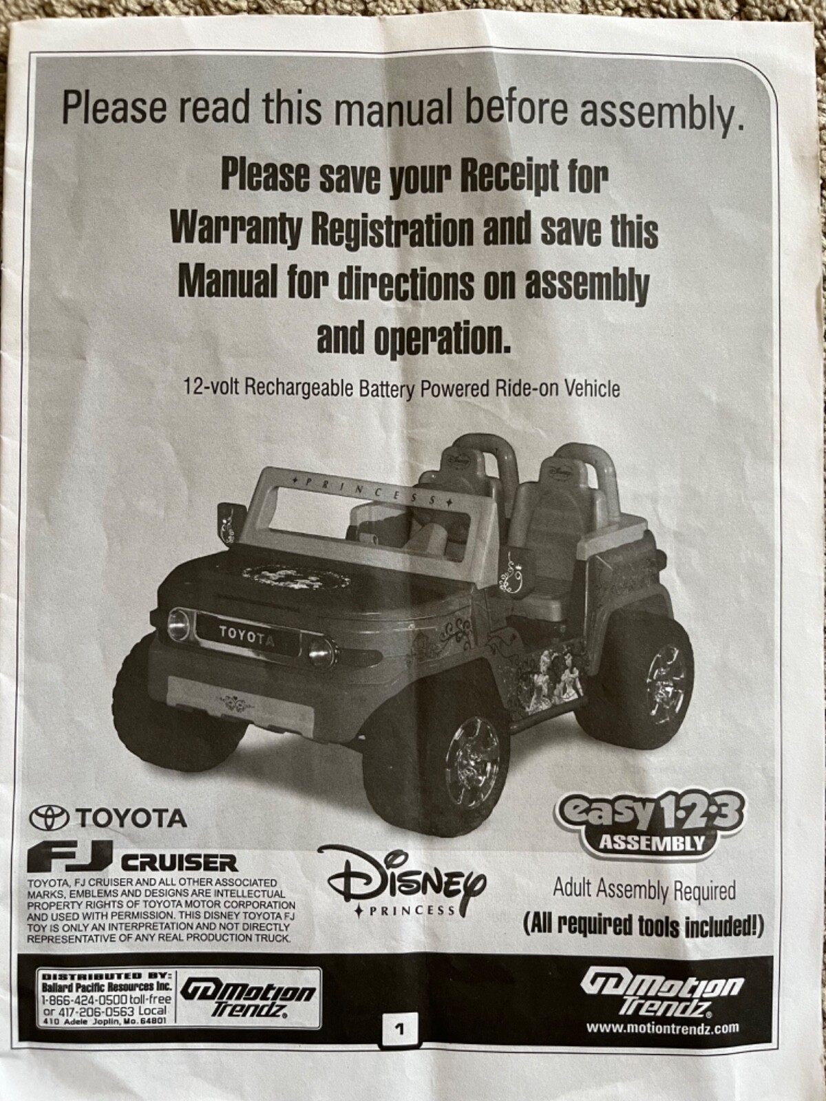 Toyota FJ Cruiser Motion Trendz 12V Battery Ride on Car Toy Disney Princess