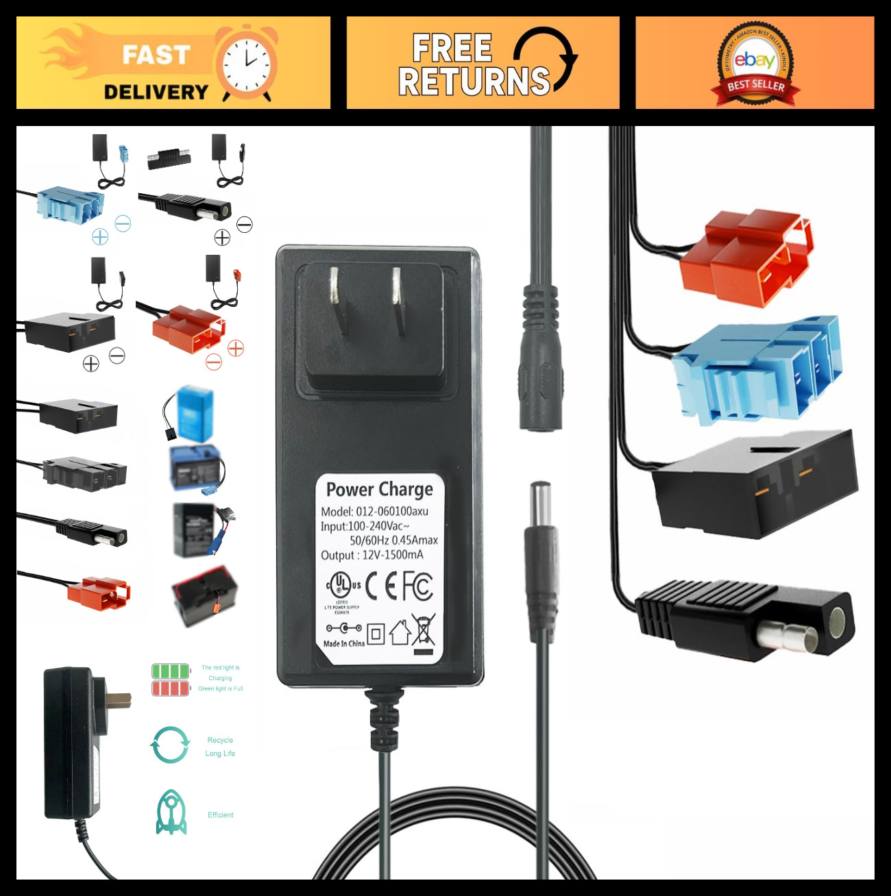 12V Multi-Function Charger for Kids Ride-On Cars, Power Wheels Adapter, LED Ligh