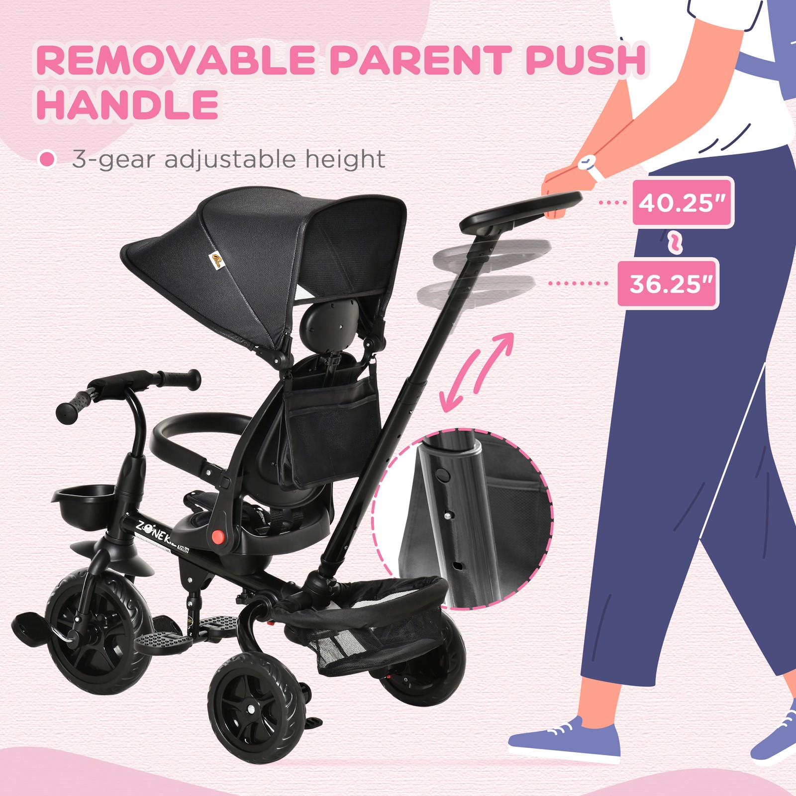 Kids Tricycle 4 in 1 Trike with Reversible Seat, Black