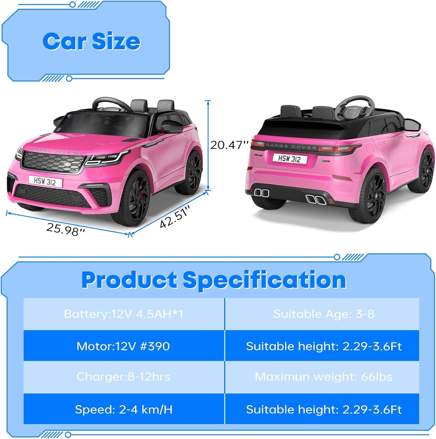 Kids Electric Car with Remote Control,4.5AH Battery,2 Motors,3 Control Modes