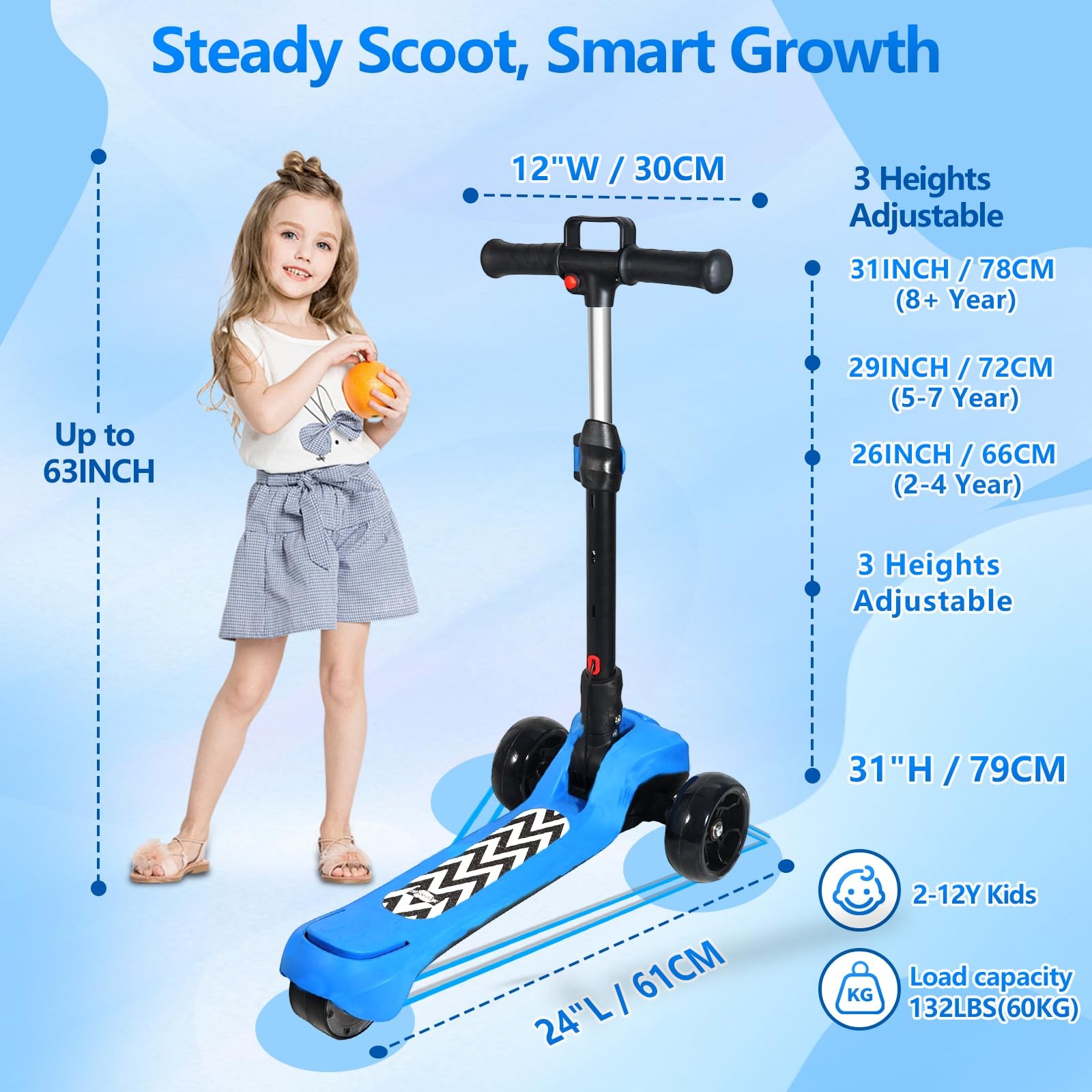 Electric Scooter for Kids Ages 3-12, Full Body Lights Up, Wide Deck, 3 Adjust…