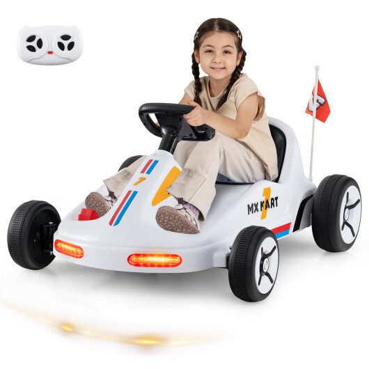 12V Kids Electric Go Kart Ride-On Race Toy w/ Remote Control & Music-White