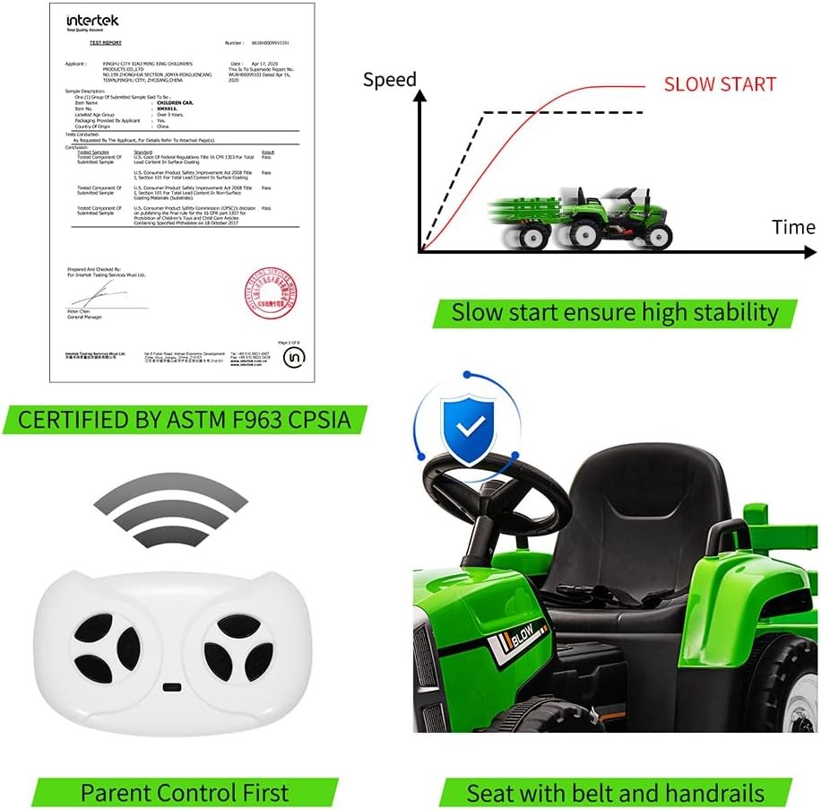 Battery‑Powered 12V Kids Tractor w/ Remote,25/35W Motor, LED, Educational Audio
