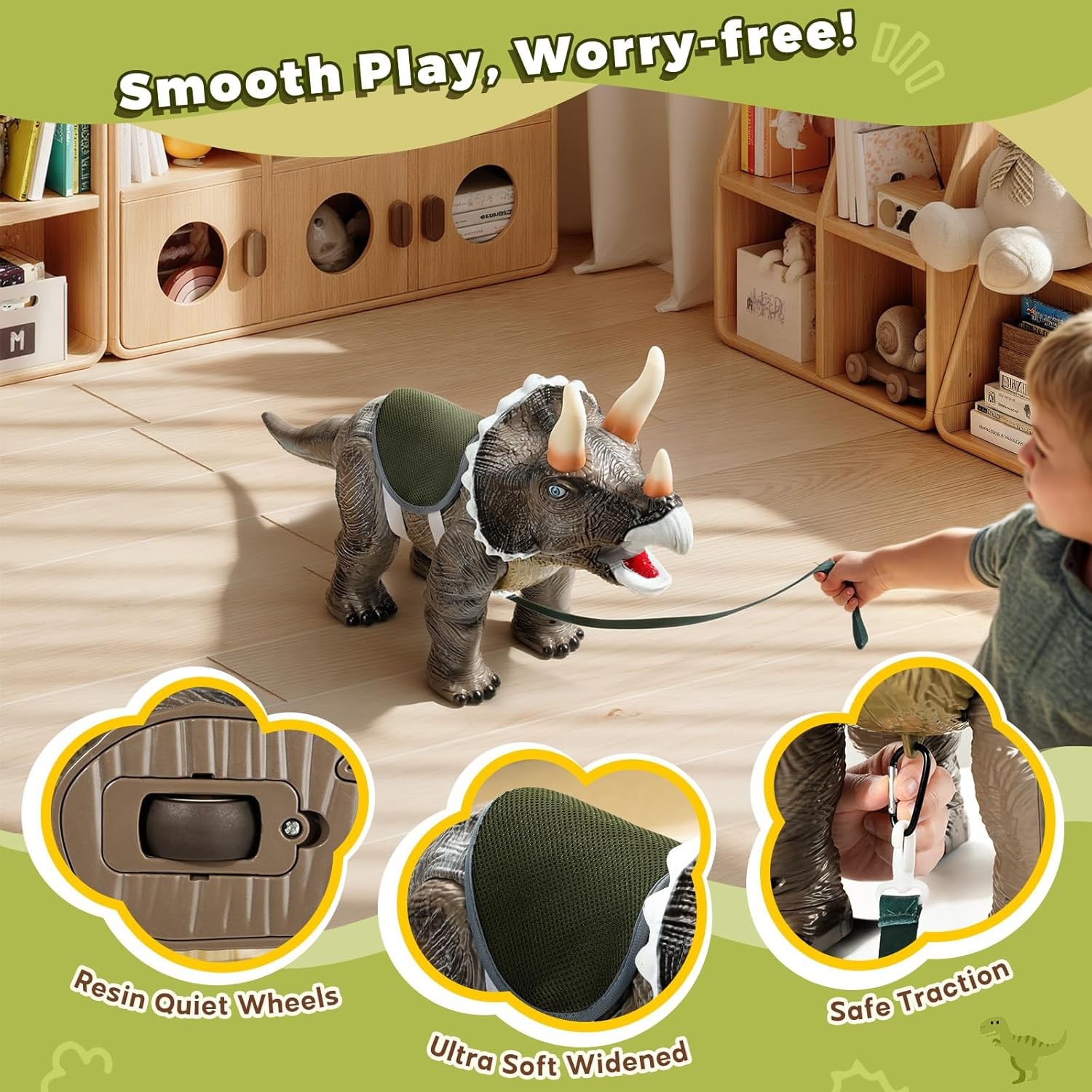 Dinosaur Ride on Toy Cars for Kids, Realistic Triceratops Push Car with Three So