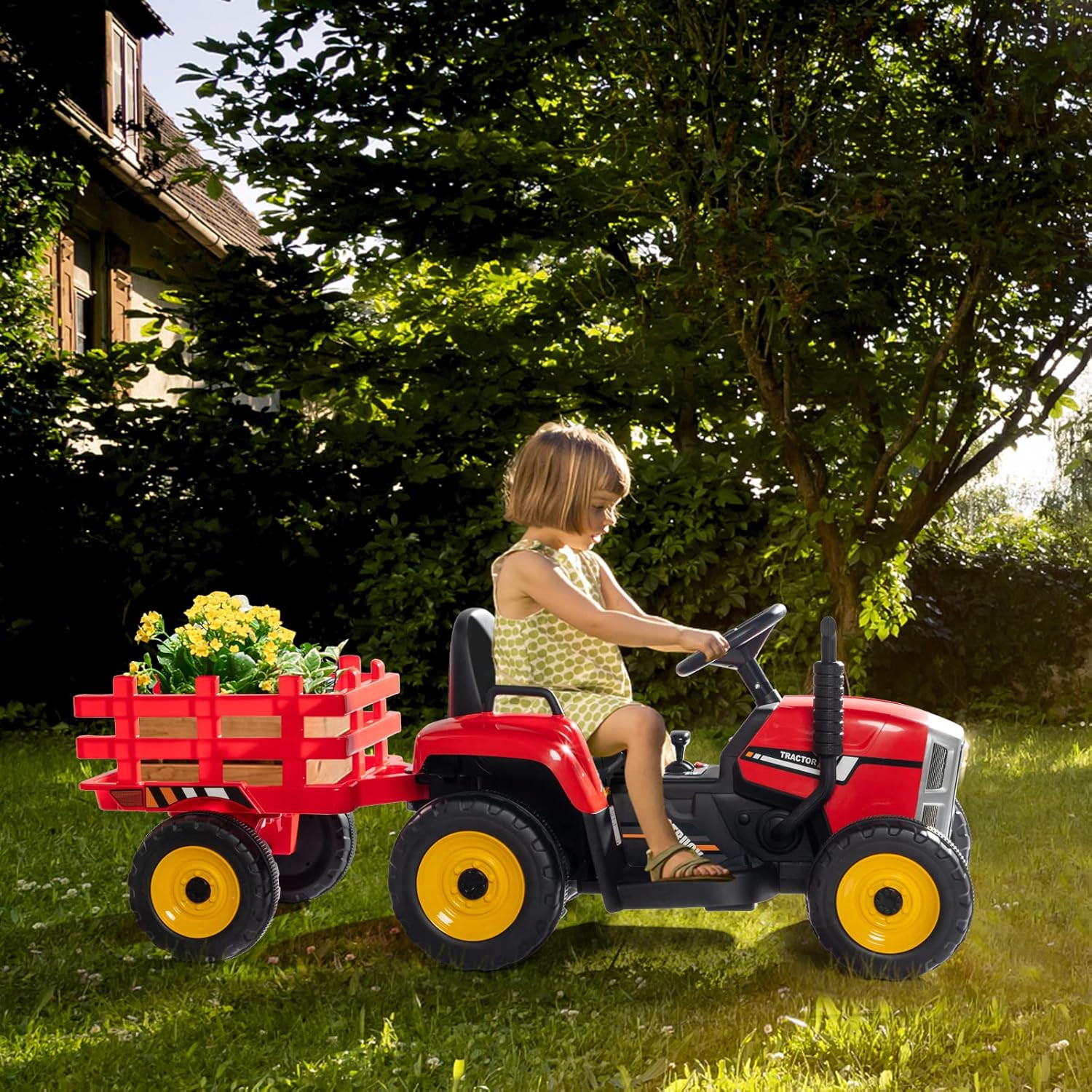 Ride on Tractor with Remote Control, 25W Motors Electric Tractor with Trailer fo