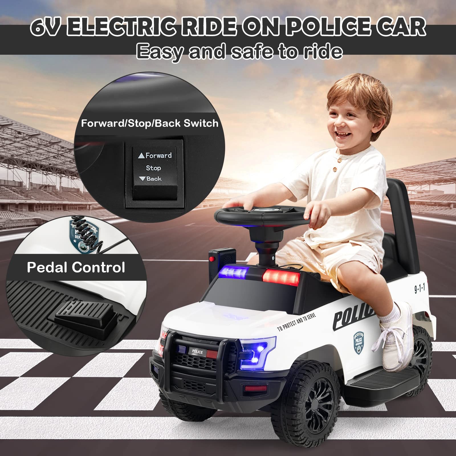 Kids Ride On Police Car, 6V Battery Powered Electric Toy Car w/Real Megaphone…