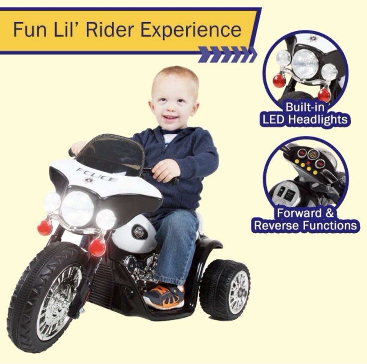 Kids 3-Wheel Motorcycle Ride On Toy Battery Powered Police Decals Headlights New