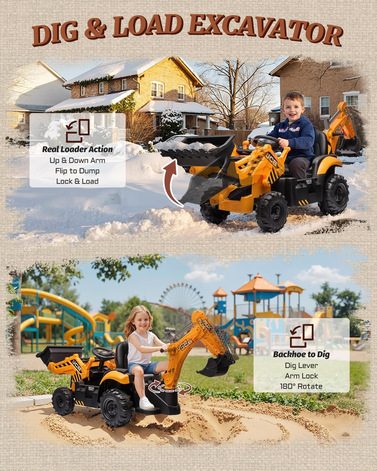 JCB 3CX Licensed 24V Excavator Ride on Toys for Kids, Backhoe Digger Toy with Re