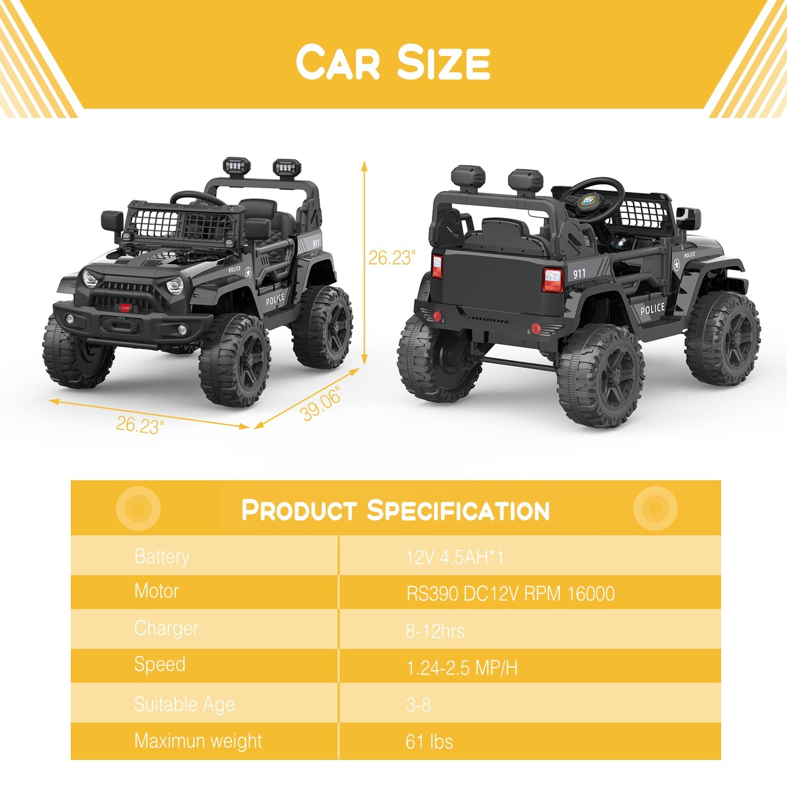 Electric 12V Battery Kids Ride On Jeep Car 4-Wheeler Truck with RC, LED, Music