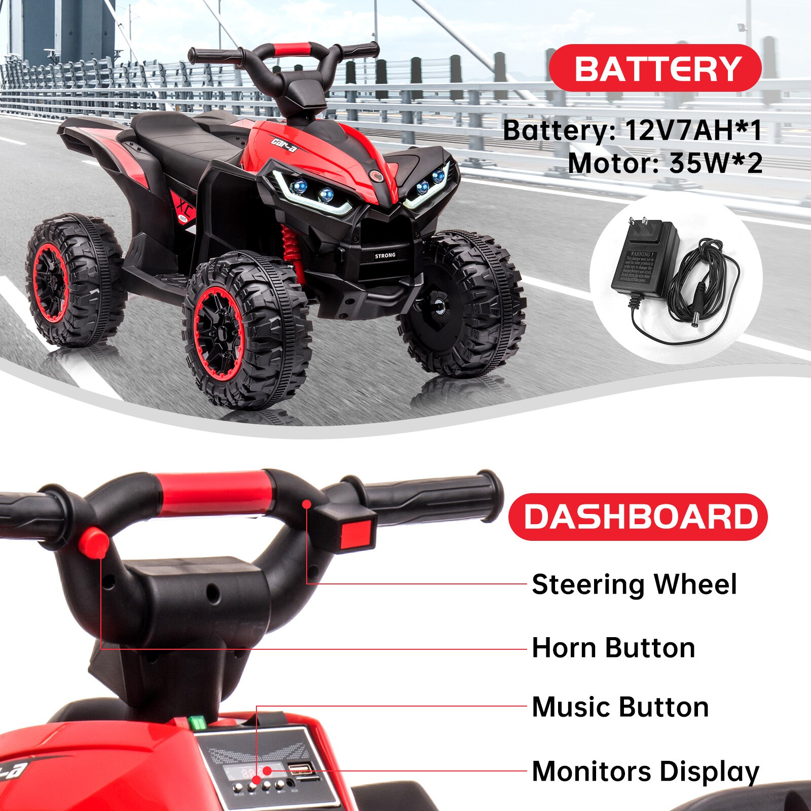 Kids Ride On ATV Car 12V Electric Car Toys with Remote, LED Lights, Horn, Music