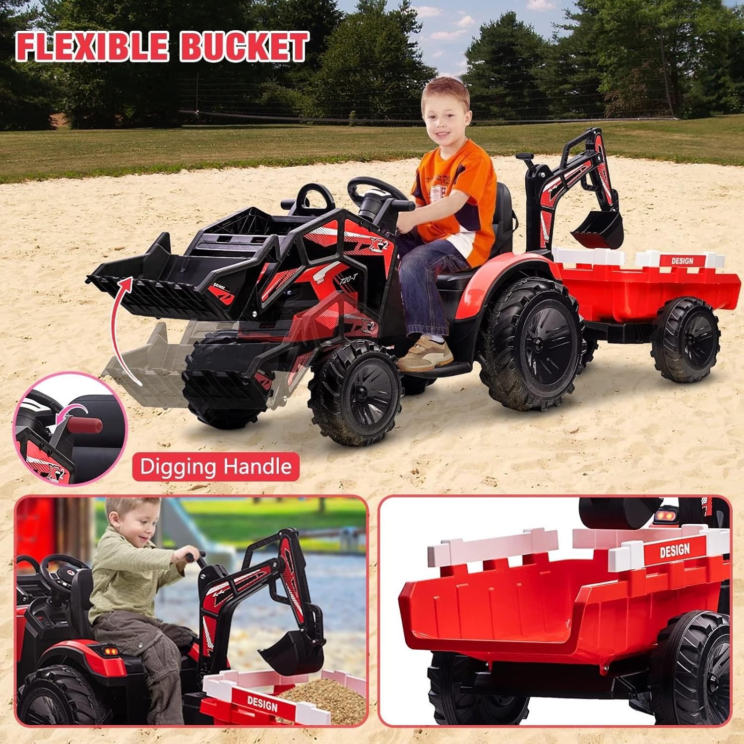 3 in 1 Kid 24V Ride On Tractor Electric Vehicle w/ Trailer Digger Remote Control