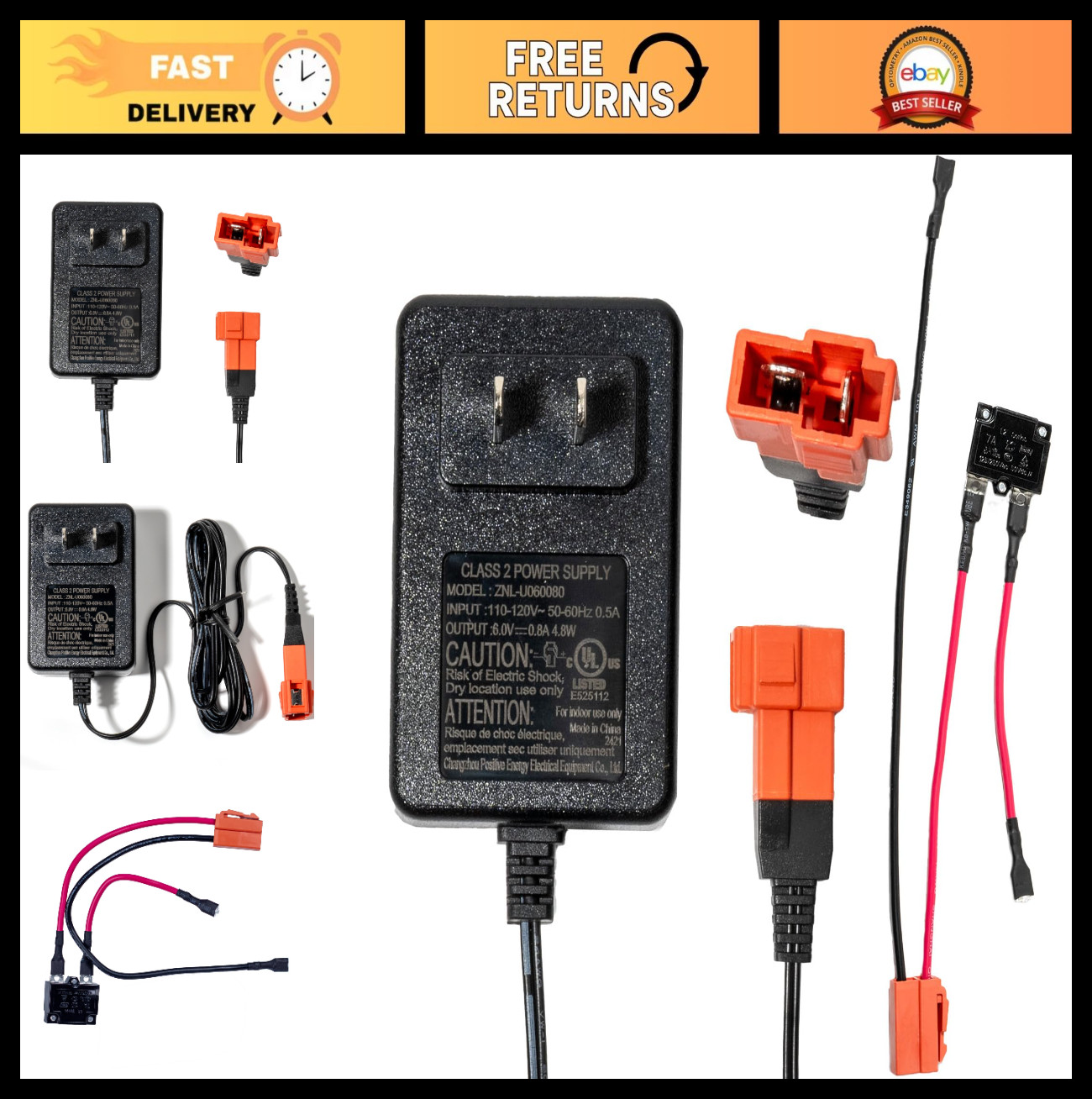 6V Charger for Kids Ride-On Car, Wiring Harness, Battery Connector, Power Supply