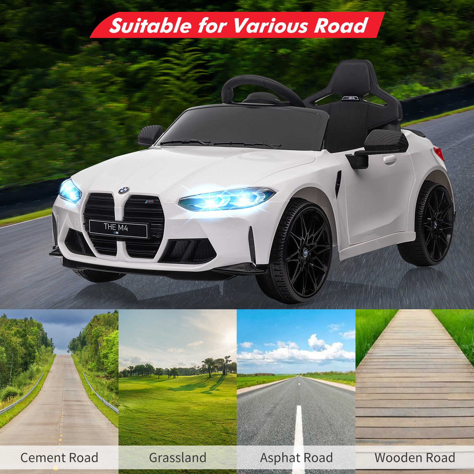 12V Kid Car w/RC, Licensed by BMW M4,Suspension System,3Speeds,Bluetooth,MP3,LED