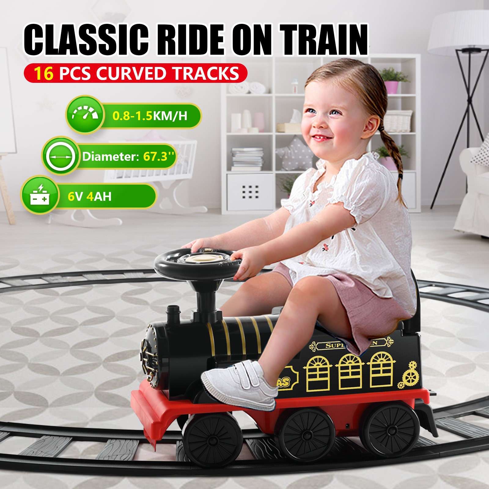 Black/Blue 6V Toddler Ride On Train Electric Toy 1-3year with Track,Music,Lights