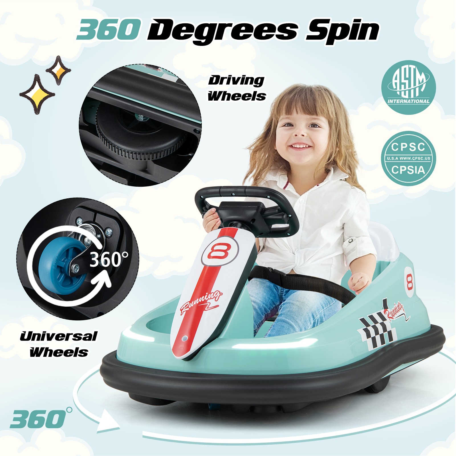 6V Electric kids Ride-on Bumper Car w/ 360° Spinning Dual Motors 2 Speeds Green