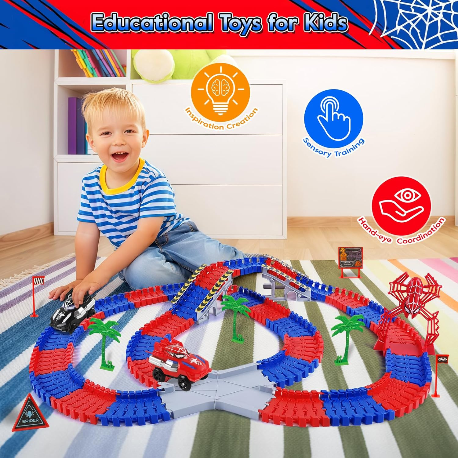 Spider Toys for Boys 4-6, 212 PCS Race Car Track for Kids Ages 4-8, Monster Truc