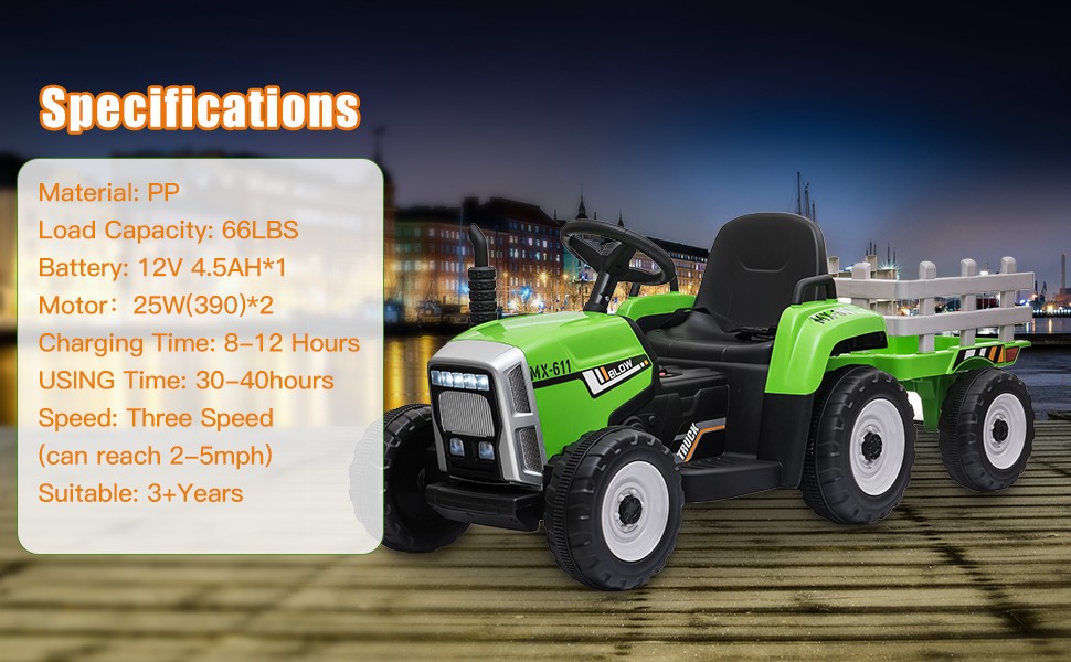 12V Kids Electric Ride On Tractor Car Toy with Trailer 3-Speed w/ Remote Control