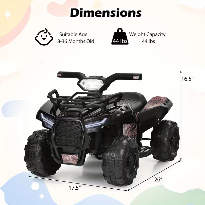 6V Kids Electric ATV Quad Car w/ USB LED Lights 4 Wheels Toy Black Gift