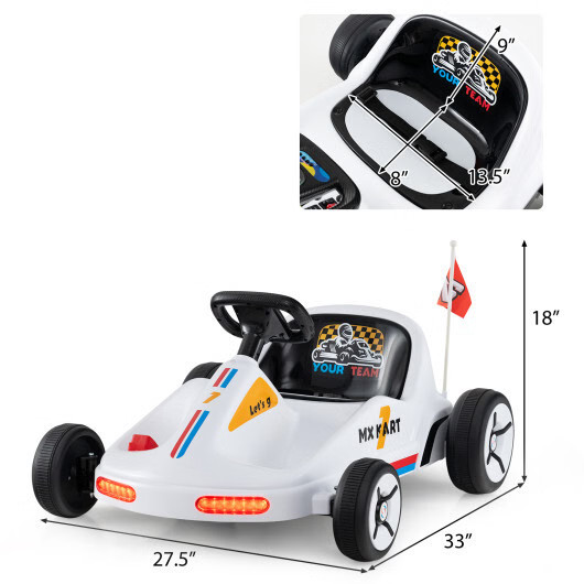12V Kids Electric Go Kart Ride-On Race Toy w/ Remote Control & Music-White