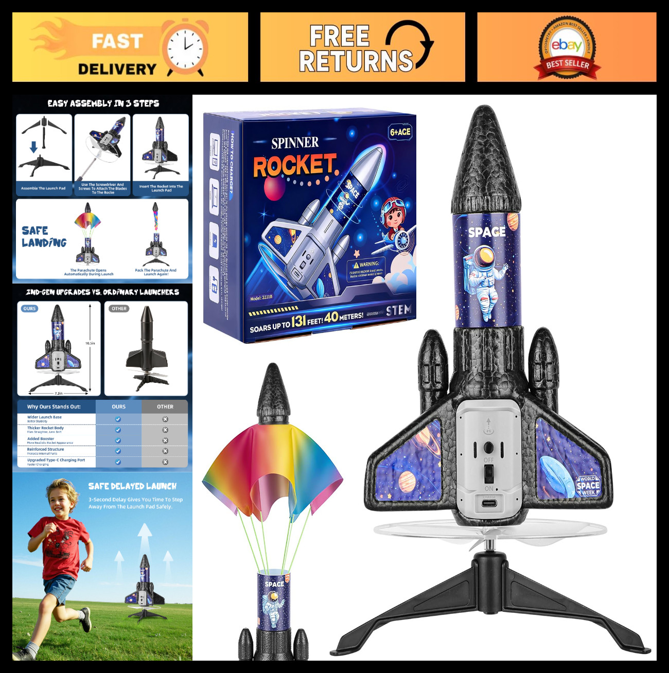 Auto-Launch Rocket Toy for Kids, 200ft Flight, Parachute, Outdoor Fun, Ages 5-13